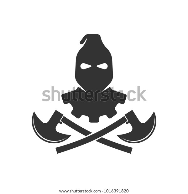Masked executioner
crossed axes logo. Hangman, torturer, executor, tormentor, butcher,
headsman icon