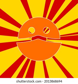 Masked face symbol on a background of red flash explosion radial lines. The large orange symbol is located in the center of the sun, symbolizing the sunrise. Vector illustration on yellow background