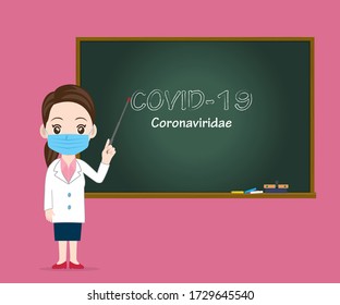 Masked female doctor explaining in front of the blackboard | New Coronavirus Infection COVID-19