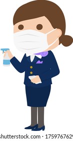 Masked female flight attendant for infection prevention. Illustration of a woman holding a disinfectant spray and towel.