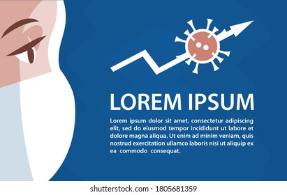Masked female health worker amid the COVID-19 pandemic. Banner with place for text and blue background. Vector illustration.