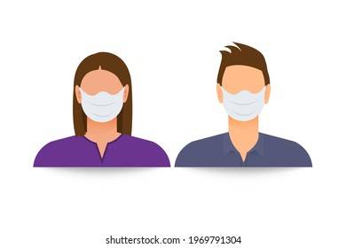 Masked female and male silhouette. Please put on your face Mask Icon. A poster calling for people to wear a face mask. Coronavirus. Isolated vector illustration.