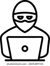 A masked figure with a laptop, representing cybercrime and hacking threat