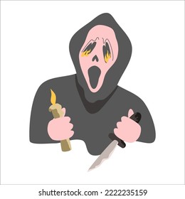 Masked ghost. Creepy Scream. Halloween costume of a screaming devil in both hands with a candle and dagger. Flat vector illustration.
