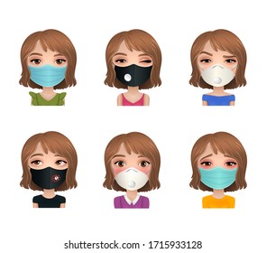 Masked girl with different emotions set, stop coronavirus