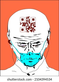 masked girl with a qr code on her face, control over a man