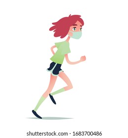 Masked girl runs. Vector illustration of young redhead girl runner in medical mask joggs while coronavirus pandemic. Flat cartoon style. Covid-19 epidemic concept. Wear facial tissue and take care. 