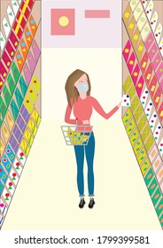 Masked girl in shop,girl in the store,compliance vaccinated during a pandemic. Vector illusration.