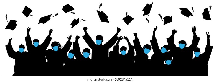 Masked graduates. Graduates throwing cap. Crowd of students. Graduates in an era of pandemic COVID-19