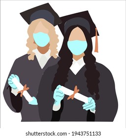 Masked graduates. Two European girls in medical masks and gloves are holding diplomas.