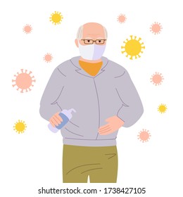 Masked grandfather uses an sanitizer, stop pandemic cartoon old character. Coronavirus in air, save health, concept against covid 19. Isolated vector illustration