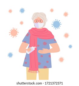 Masked granny uses an sanitizer, stop pandemic cartoon old character. Coronavirus in air, save health, concept against covid 19. Isolated vector illustration