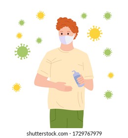 Masked guy uses an sanitizer, stop pandemic cartoon young character. Coronavirus in air, save health, concept against covid 19. Isolated vector illustration