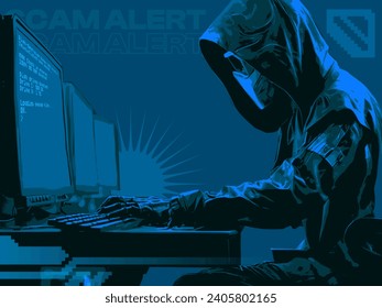 Hacker enmascarado en tono azul, arte vectorial de camello con alguna ilustración brutal