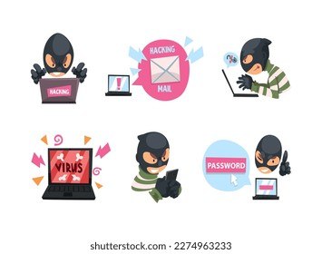 Masked hacker hacking devices for stealing data and money set. Cyber crime, security cartoon vector illustration