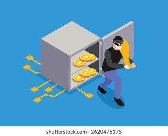 a masked hacker stealing digital currency coins with dollar signs from an open digital vault connected to electronic circuits 3d isometric illustration