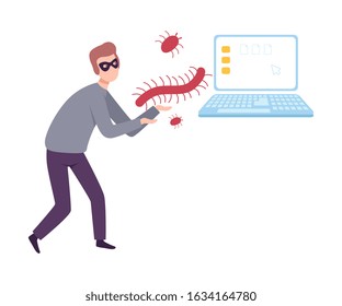 Masked Hacker Stealing Privacy Data from Laptop Using Virus and Bugs, Cyber Crime, Hacking and Phishing Vector Illustration