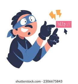 Masked hacker stealing private personal data from fishing site. Cyber security and crime, internet phishing attack cartoon vector illustration