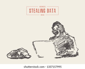 Masked hacker steals data from computer. Concept illustration of cybercrime, digital  theft. Hand drawn vector sketch
