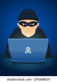 Masked hacker using his computer for cyber crime vector cartoon illustration
