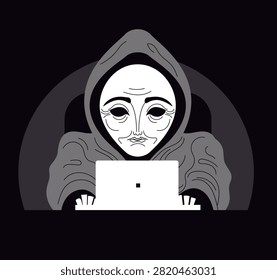 masked hacker wearing a hoodie while using a laptop computer