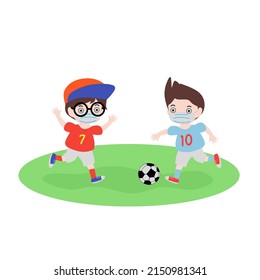 Masked Happy kids playing football cartoon illustration