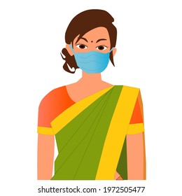 Masked Indian Woman Wearing A Mask And Sari During Covid 19 Pandemic.