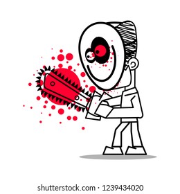 Masked killer with chainsaw vector illustration on white background. Happy Halloween.