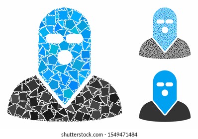 Masked killer composition of rugged items in different sizes and color tints, based on masked killer icon. Vector ragged items are grouped into composition.