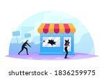 Masked Looters Breaking Store Showcase, Aggressive Masked Male Characters Looting, Damage Equipment, Throw Stones in Shop Window. Political Conflict, Violence Riots. Cartoon People Vector Illustration