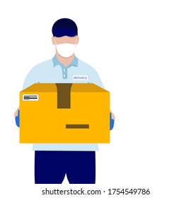 a masked man with a box in his hands delivered a parcel, food delivery of things and goods