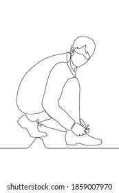 masked man crouches down to tie his shoelaces, he looks at the viewer. one line drawing of a guy tying his shoes