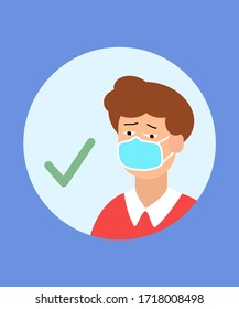 Masked man during a pandemic. The quarantined person follows security measures. Bandage icon for infection. Coronovirus prophylactic sign.