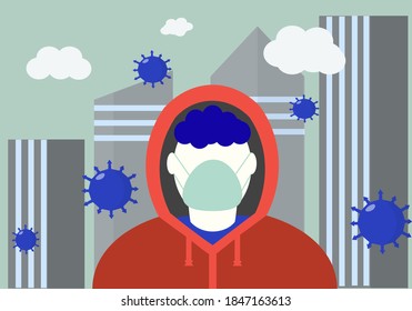 Masked man in the hood against the background of the city flat illustration.  