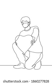 masked man knelt on one knee, holding a large heart-shaped card which he presents to the viewer. one line drawing concept of love gift, confession, congratulations on valentine's day.