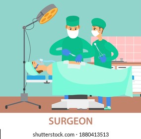 Masked Man Makes An Incision With A Scalpel. Assistant Holding A Tampon. Team Of Specialists Works With Human Body. Surgeons Perform An Operation. Patient Lies On Operating Table Under Light Of Lamp