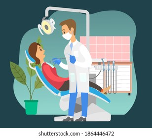 Masked man in medical gown holds a dental instrument in his hands. Dentist works with special equipment. Doctor examines the condition of teeth. Girl lying down in dental chair under light of lamp