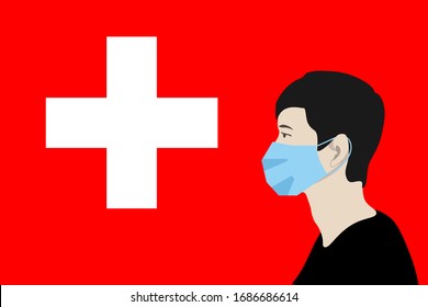 masked man on the background of the Swiss flag red background and white cross