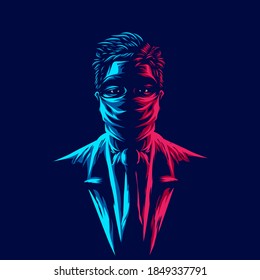 Hombre enmascarado en la línea del logo de la pandemia retrato de arte pop de diseño colorido con fondo oscuro. Ilustración del vector abstracto.