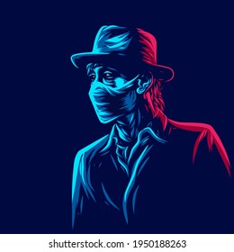 Masked man on pandemic logo line pop art portrait colorful design with dark background. Abstract vector illustration.
