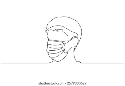 Masked man one line art illustration - Virus protection concept - Epidemic quarantine - Medical mask, Continuous one line drawing.Portrait Young man in a protective face mask.