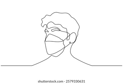 Masked man one line art illustration - Virus protection concept - Epidemic quarantine - Medical mask, Continuous one line drawing.Portrait Young man in a protective face mask.