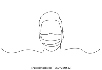 Masked man one line art illustration - Virus protection concept - Epidemic quarantine - Medical mask, Continuous one line drawing.Portrait Young man in a protective face mask.