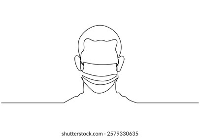 Masked man one line art illustration - Virus protection concept - Epidemic quarantine - Medical mask, Continuous one line drawing.Portrait Young man in a protective face mask.