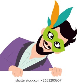 Masked Man Peeking Festive Party Invitation peeking, happy Rio Carnival Dancer