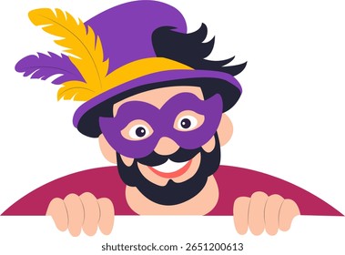 Masked Man Peeking Mardi Gras Hat, Mardi Gras Masked Reveler