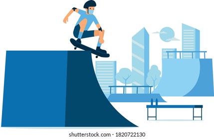 Masked man playing skateboard alone at the skateboard field during new normal illustration