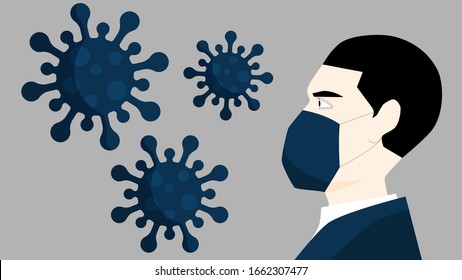 Masked man in profile with coronavirus. Coronavirus bacteria 2019-nCoV vector illustration