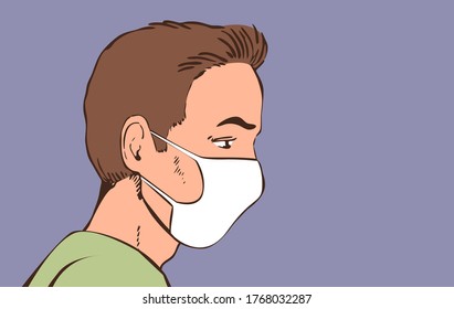 Masked man in quarantine. Protection against infection during the coronavirus pandemic. Vector illustration.