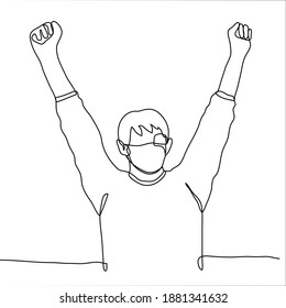 masked man raised his fists up, he is very happy and delighted. one line drawing concept of celebrating or sipping